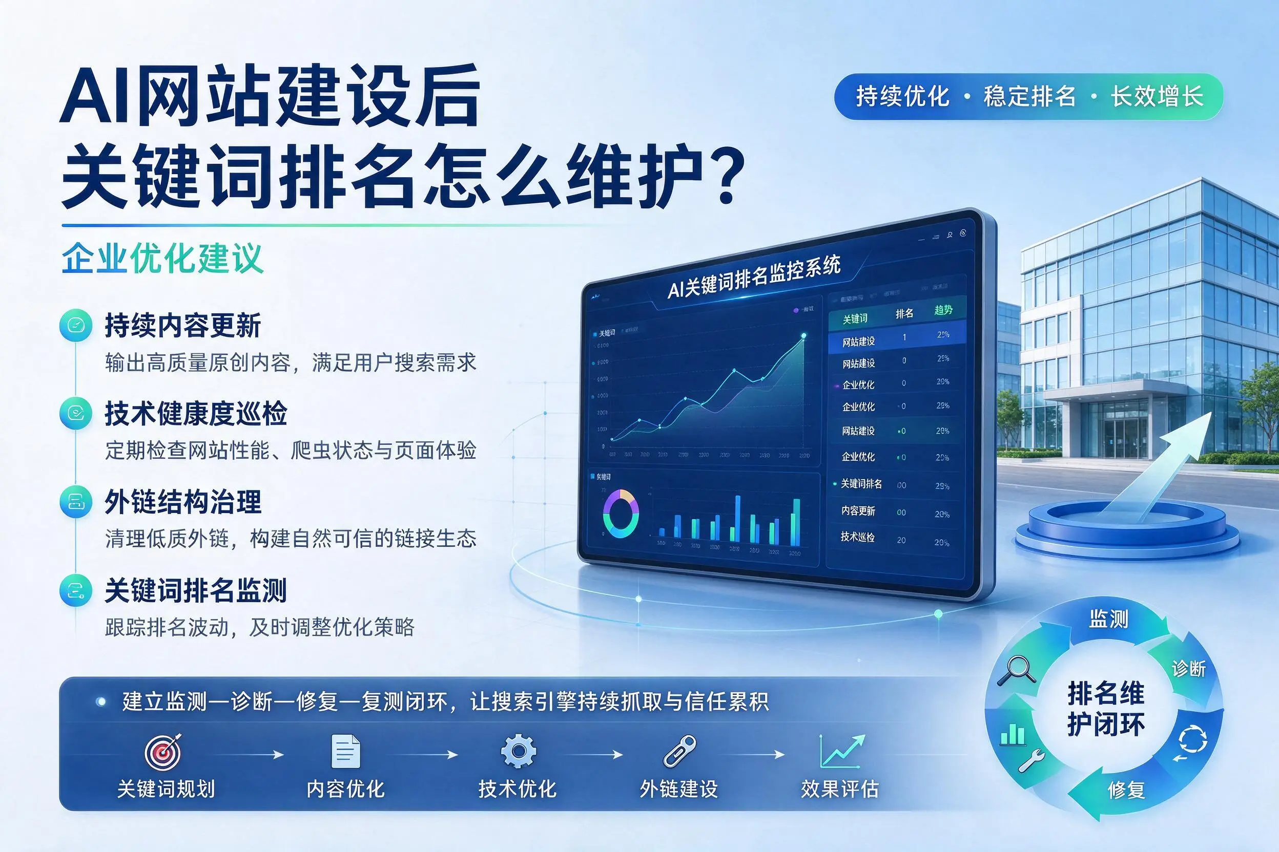 AI网站建设后关键词排名怎么维护?昌江企业优化建议