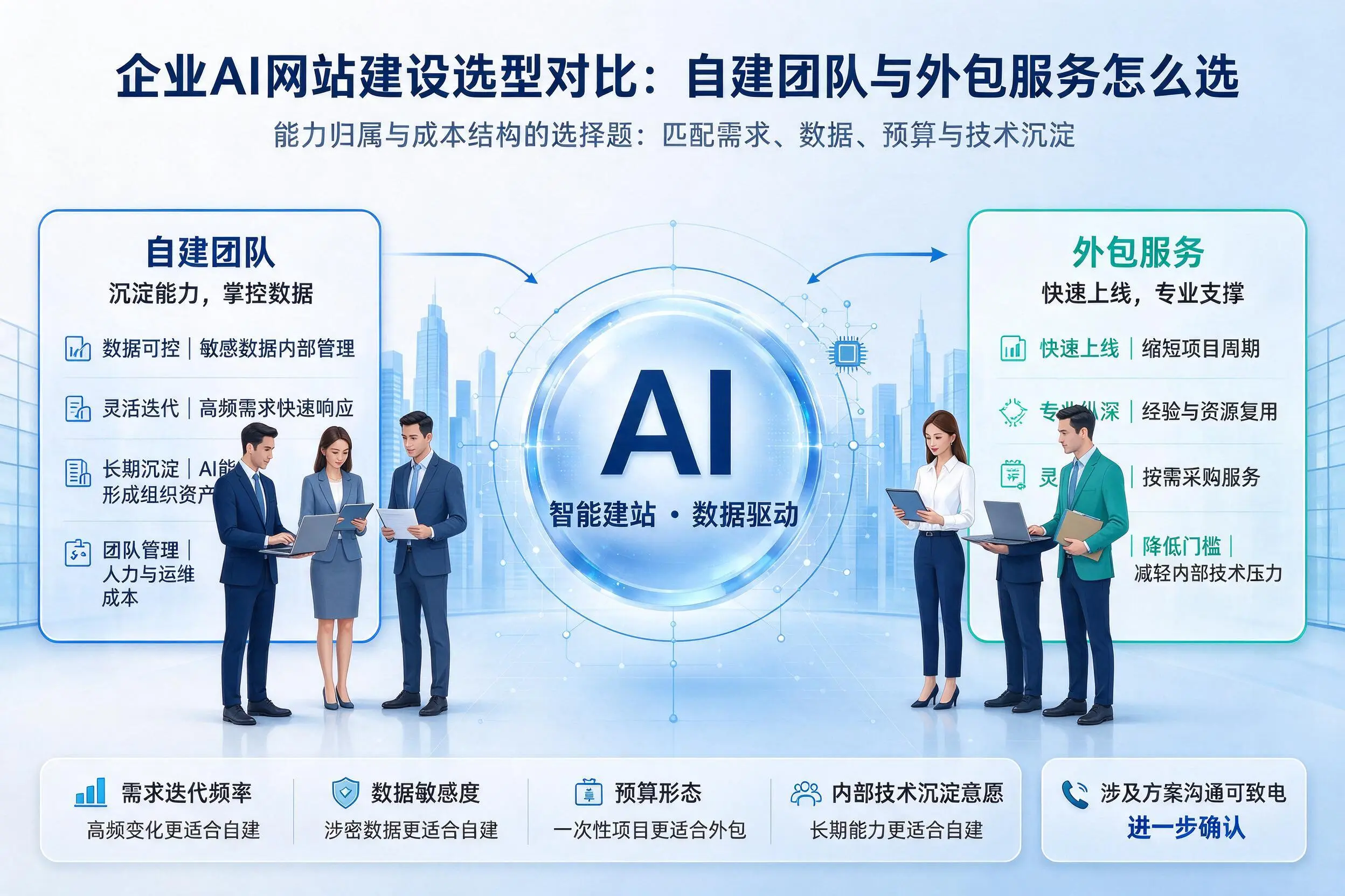昌江企业AI网站建设选型对比:自建团队与外包服务怎么选